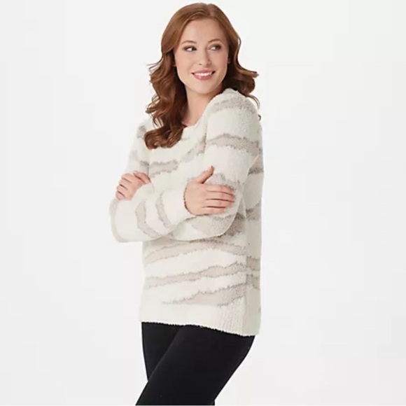 Barefoot Dreams Large CozyChic Seaside Crew Neck Pullover Creme Camo Neutral - Picture 1 of 11